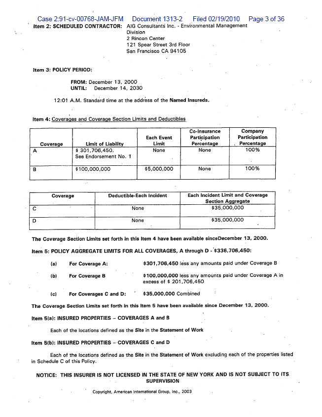 AIG Insurance policy - AISLIC