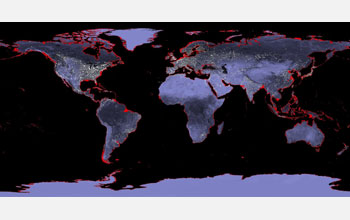 Map of the world showing                                          areas in red inundated by a                                          future sea level rise of six                                          meters.